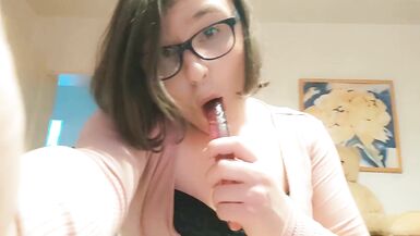 Teen Amateur Tranny Anallisa alone at home - she sucks dildo, lick her cum and fucks her pussy with no mercy while looking cute and screamig loud all over the house - shes wearing penis cage and uses some of her other toys - 8 image