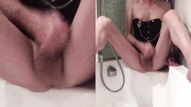 Hot nipples clamped sissy jerking off in the bathtub - 12 image