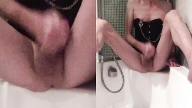 Hot nipples clamped sissy jerking off in the bathtub - 13 image