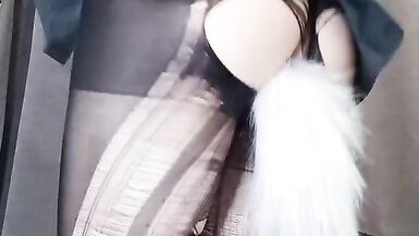 CUTE NEKO TRANS precum Wearing Buttplug Torn Tights and Cosplay SAGIRI IZUMI to CUMSHOT on Tablet - 6 image