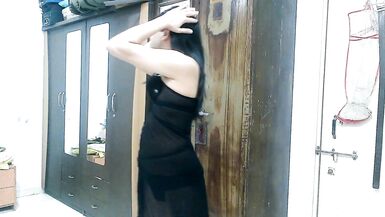 Sissy crossdresser femboy in black lingerie with sexy sheer designer pantie inside it.