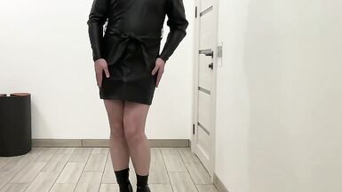 BDSM leather dress and stiletto ankle boots heels gay tranny - 4 image