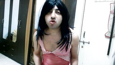 Inexperienced crossdresser femboy in designer peach pink lingerie & pantie. - 10 image