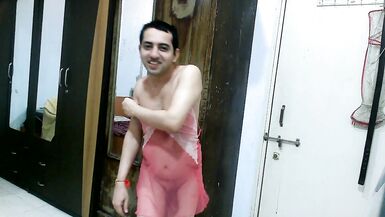 Inexperienced crossdresser femboy in designer peach pink lingerie & pantie. - 15 image