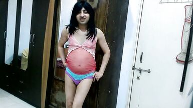 Inexperienced crossdresser femboy in designer peach pink lingerie & pantie. - 4 image