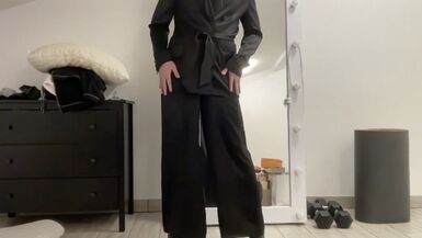 Satin silk jumpsuit and blazer jacket on sissy tranny slut - 1 image
