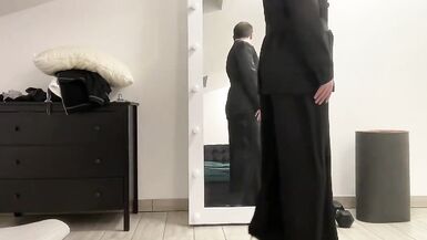 Satin silk jumpsuit and blazer jacket on sissy tranny slut - 2 image