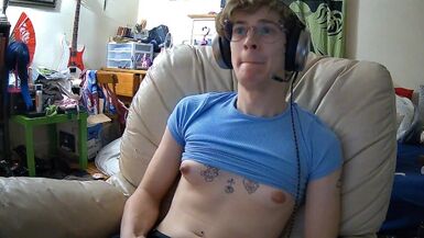 trans girl femboi plays halo with her tits out - 1 image