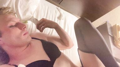 Tiny Blonde Tranny shows off her skills on camera. - 13 image