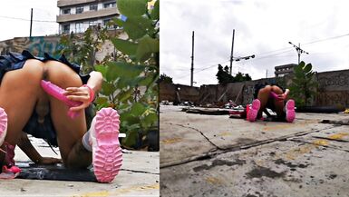 She masturbates in an abandoned place with her big dildo in her ass, has a rich anal orgasm and comes to squirt !!! - 12 image