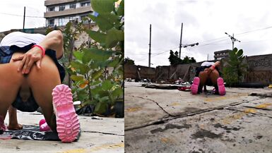 She masturbates in an abandoned place with her big dildo in her ass, has a rich anal orgasm and comes to squirt !!! - 13 image