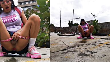 She masturbates in an abandoned place with her big dildo in her ass, has a rich anal orgasm and comes to squirt !!! - 15 image