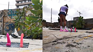 She masturbates in an abandoned place with her big dildo in her ass, has a rich anal orgasm and comes to squirt !!! - 2 image