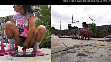 She masturbates in an abandoned place with her big dildo in her ass, has a rich anal orgasm and comes to squirt !!! - 5 image