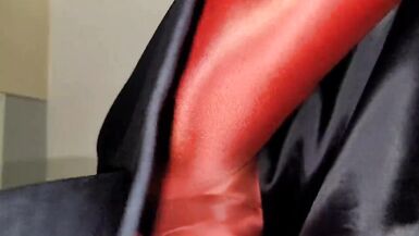 Blue lined office skirt with red shiny pantyhose - 15 image