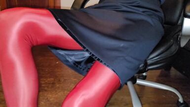 Blue lined office skirt with red shiny pantyhose - 4 image