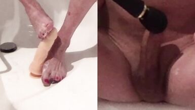 Tgirl vibrated, squirts and gives a footjob - 15 image