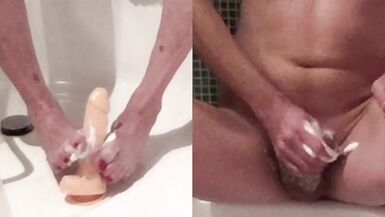 Tgirl vibrated, squirts and gives a footjob - 8 image