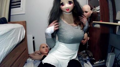 Emily's Masks Pt1! Female mask Emily puts on her kigurumi mask Celli and starts to play with herself - 1 image