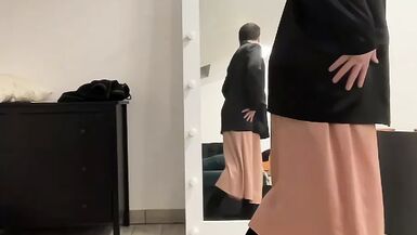 Satin silk beige dress, red trousers and black jacket sissy - 1 image