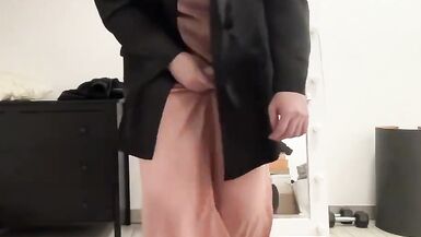 Satin silk beige dress, red trousers and black jacket sissy - 11 image