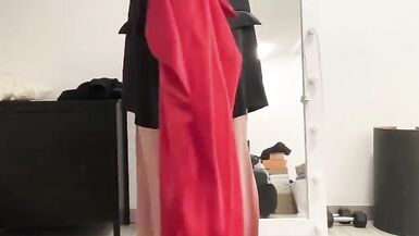Satin silk beige dress, red trousers and black jacket sissy