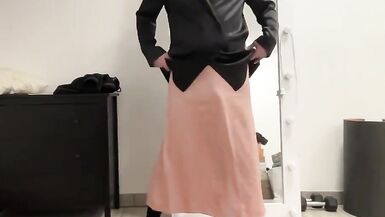 Satin silk beige dress, red trousers and black jacket sissy - 2 image