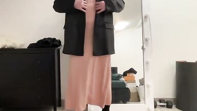 Satin silk beige dress, red trousers and black jacket sissy - 5 image