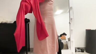 Satin silk beige dress, red trousers and black jacket sissy - 7 image