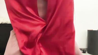 Satin silk beige dress, red trousers and black jacket sissy - 9 image