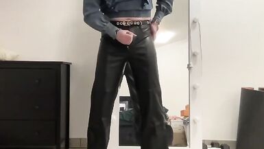 Sissy in leather flare bootcut trousers and jeans blouse - 10 image