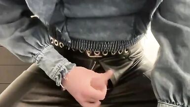 Sissy in leather flare bootcut trousers and jeans blouse - 11 image