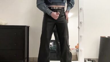 Sissy in leather flare bootcut trousers and jeans blouse - 15 image