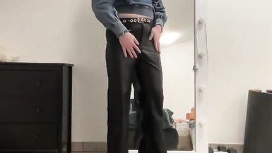 Sissy in leather flare bootcut trousers and jeans blouse - 2 image