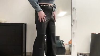 Sissy in leather flare bootcut trousers and jeans blouse - 5 image
