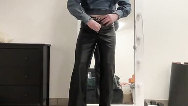 Sissy in leather flare bootcut trousers and jeans blouse - 6 image