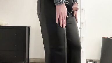 Sissy in leather flare bootcut trousers and jeans blouse - 7 image