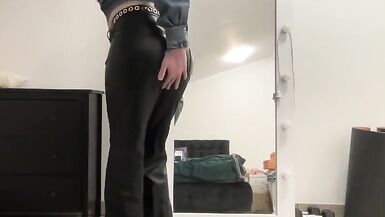 Sissy in leather flare bootcut trousers and jeans blouse