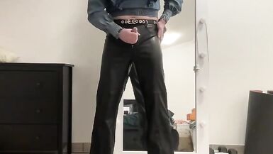 Sissy in leather flare bootcut trousers and jeans blouse - 9 image