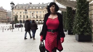 Sexy Tgirl flashing in Paris & get a foot in her ass - 2 image