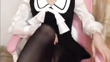 cute and teen ladyboy skoolgirl masturbating and cumming on pantyhose - 5 image