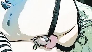 (Filtered) Sissy femboy plays with dildo and shows off ass
