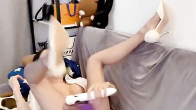 Cute ladyboy love to play with a vibrator up her cock and cum on pantyhose - 12 image