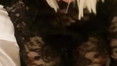 Transex big dick masturbation in stockings and cum on feet - 11 image