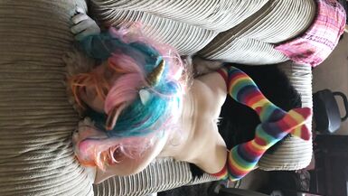 Horny trans unicorn humps the sofa and plays with her soft sissy clitty