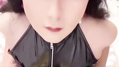 Hot leather ladyboy prostitute dildo insertions and masturbation - 5 image