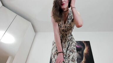 JOI horny shemale in long dress spit and cum on u - 5 image