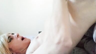 Blonde Crossdresser Self Facial Cumshot and Cum eating - 8 image