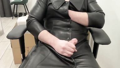 Tranny in the leather BDSM schoolgirl dress jerk and cum - 13 image