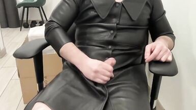 Tranny in the leather BDSM schoolgirl dress jerk and cum - 2 image